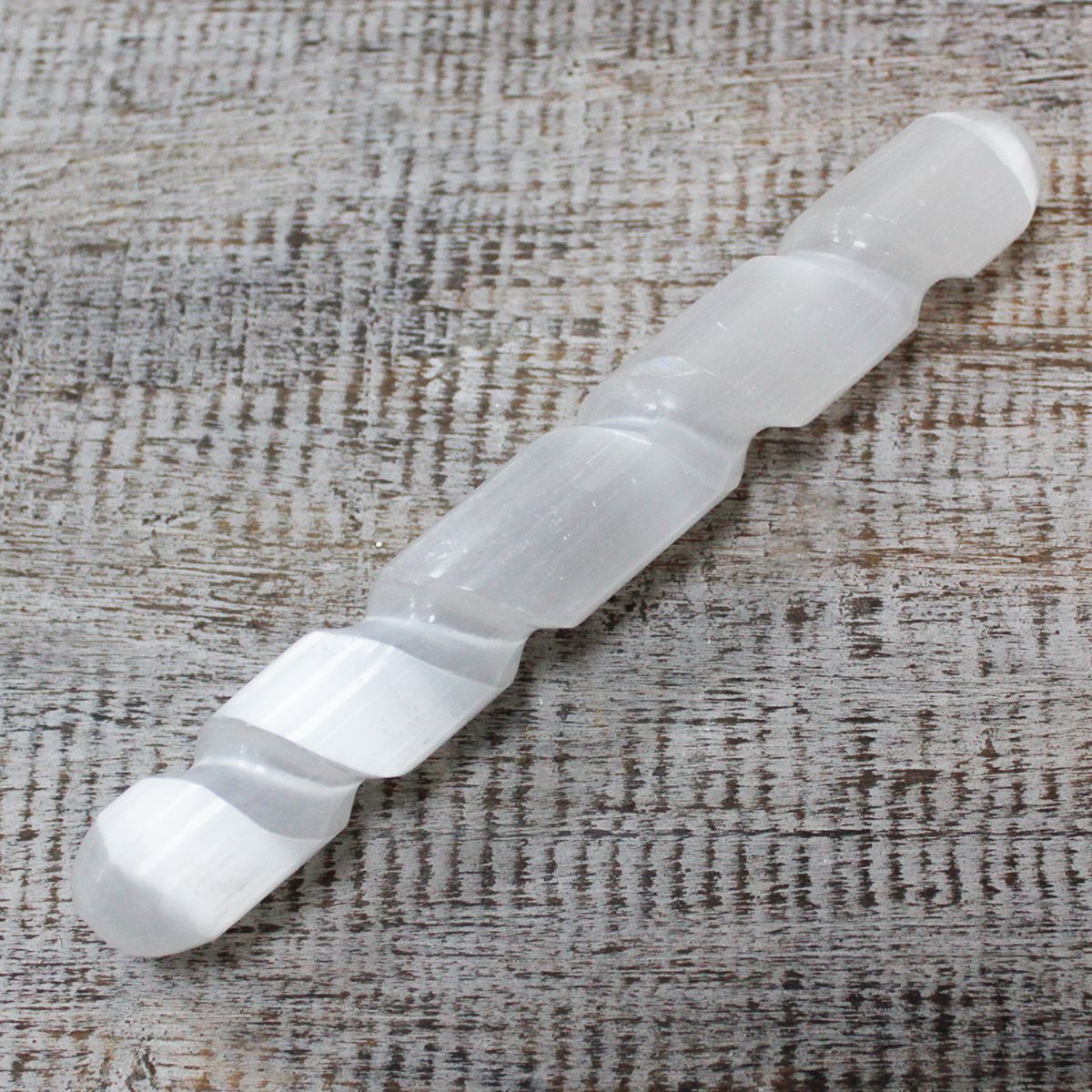 Polished Selenite Spiral Wand - 16 cm ( Round Both Ends) featuring satin white sheen and fibrous texture - Luna Panther