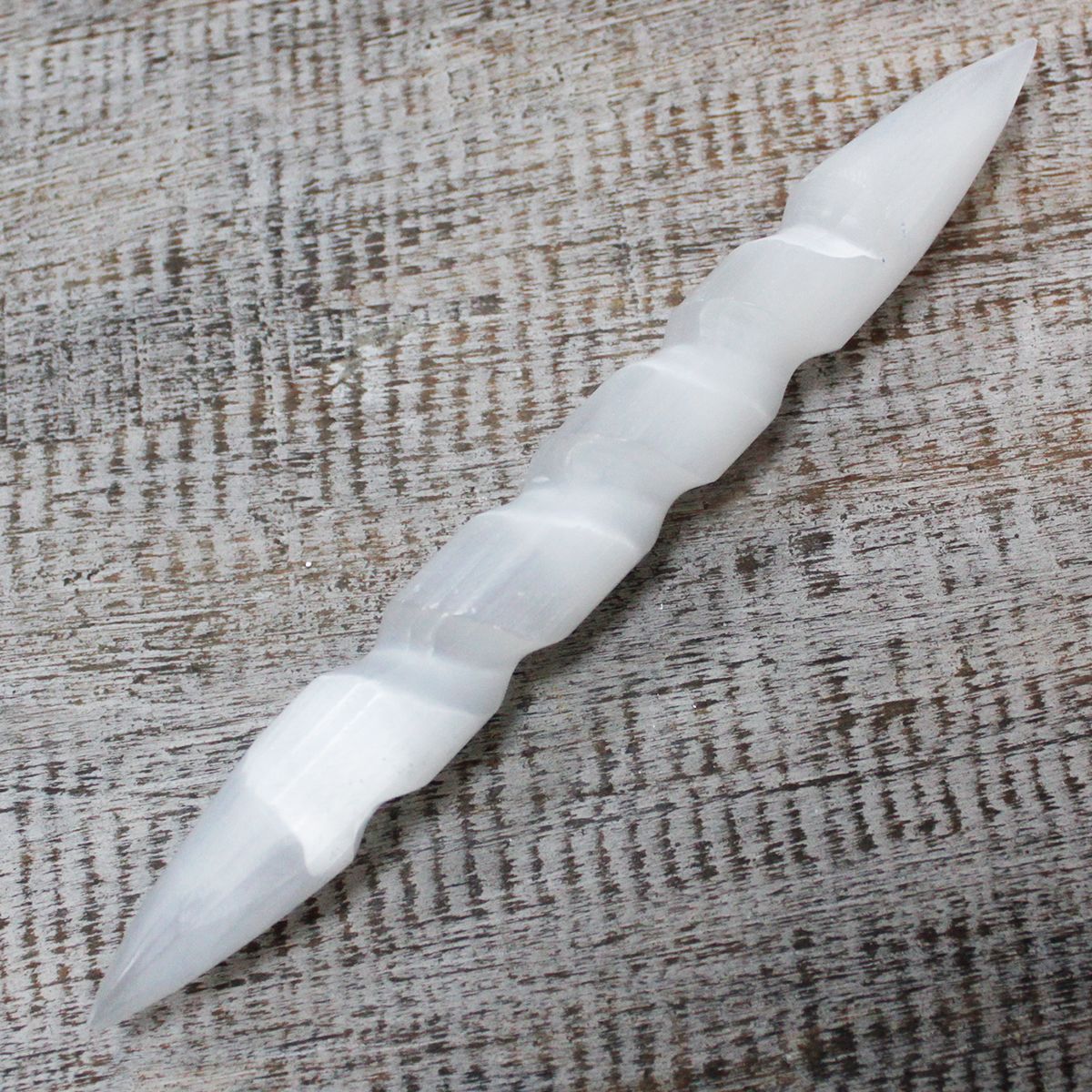 Polished Selenite Spiral Wands - 16 cm (Point Both Ends) featuring satin white sheen and fibrous texture - Luna Panther