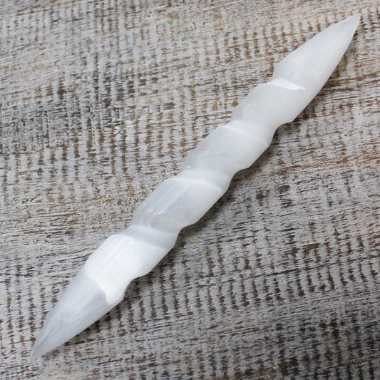 Polished Selenite Spiral Wands - 16 cm (Point Both Ends) featuring satin white sheen and fibrous texture - Luna Panther