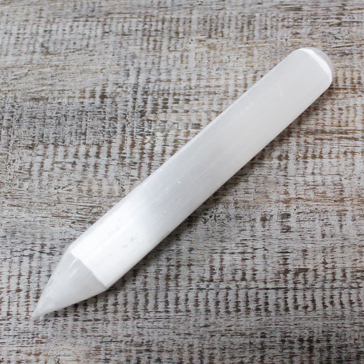 Polished Selenite Wand - 16 cm (Point one End) featuring satin white sheen and fibrous texture - Luna Panther