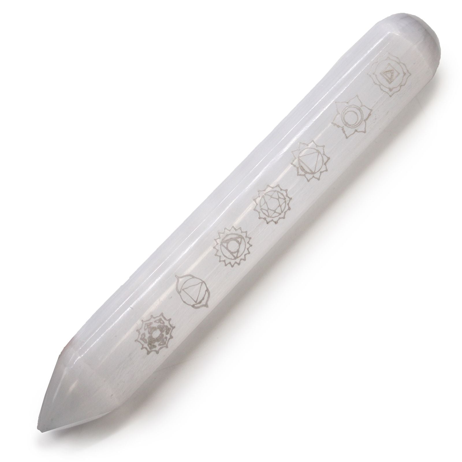 Polished Selenite Wand - 16 cm (Point one End) 7 Chakra featuring satin white sheen and fibrous texture - Luna Panther