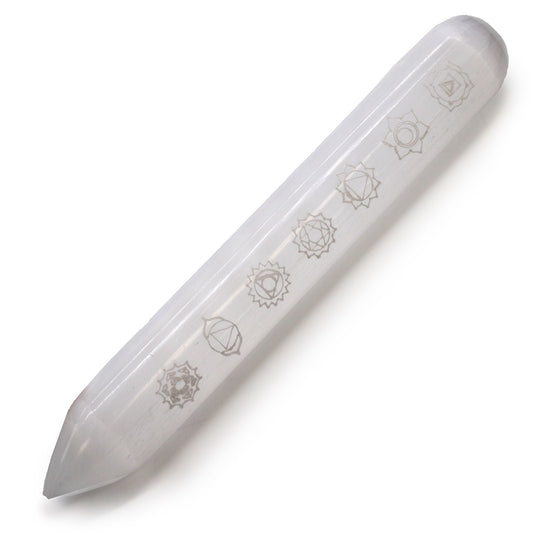 Polished Selenite Wand - 16 cm (Point one End) 7 Chakra featuring satin white sheen and fibrous texture - Luna Panther