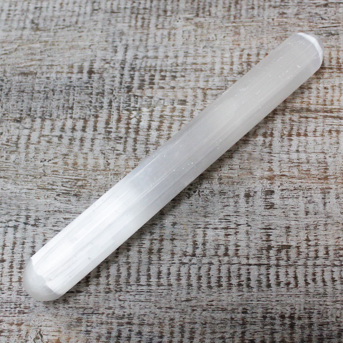 Polished Selenite Wand - 16 cm (Round Both Ends) featuring satin white sheen and fibrous texture - Luna Panther
