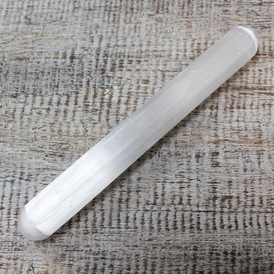 Polished Selenite Wand - 16 cm (Round Both Ends) featuring satin white sheen and fibrous texture - Luna Panther