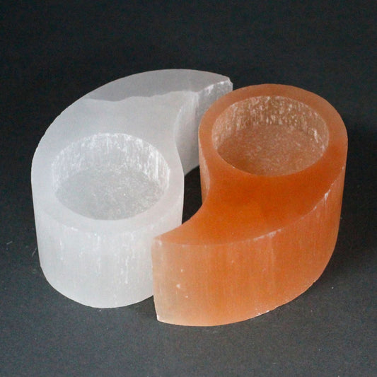 Polished Selenite Ying Yang Candle Holder featuring satin white sheen and fibrous texture - Luna Panther