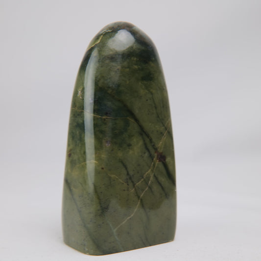 Second upright face of the polished serpentine, showing cloudy pale-green patches under a darker rounded crown. alternate view