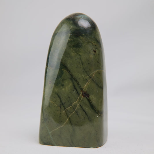 Main upright face of the serpentine, with olive-green fields, fine crossing veins and a dark inclusion near the base.