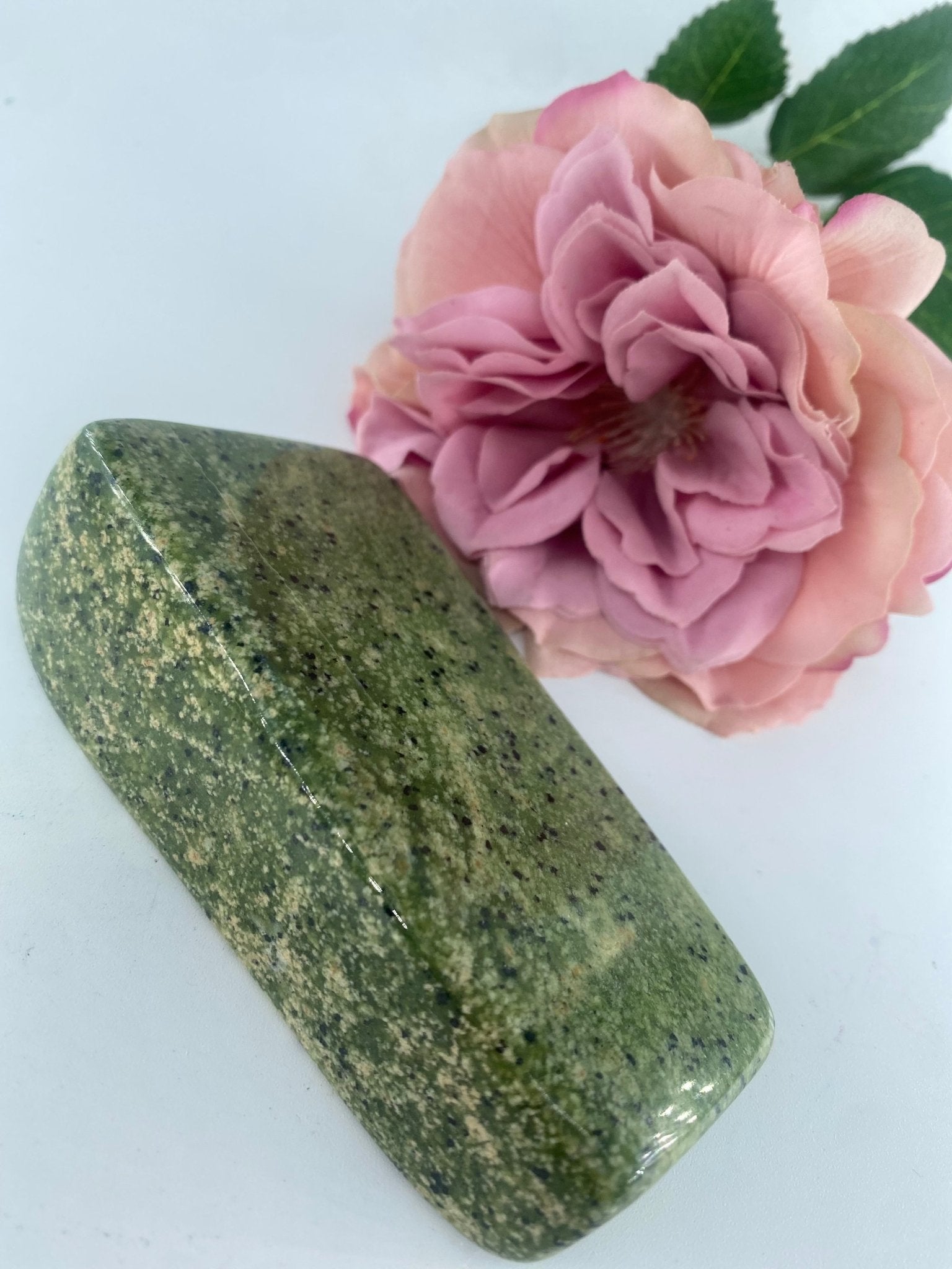 Polished Serpentine Freeform 467 Grams featuring mossy green tone with natural veining - Luna Panther