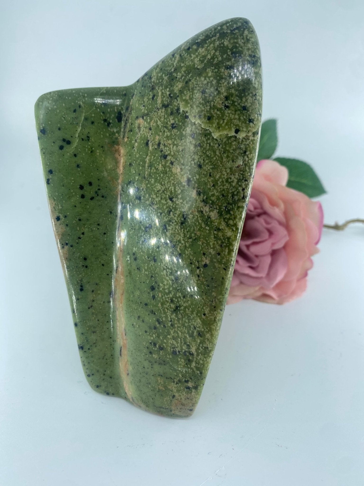Polished Serpentine Freeform 821 grams featuring mossy green tone with natural veining - Luna Panther