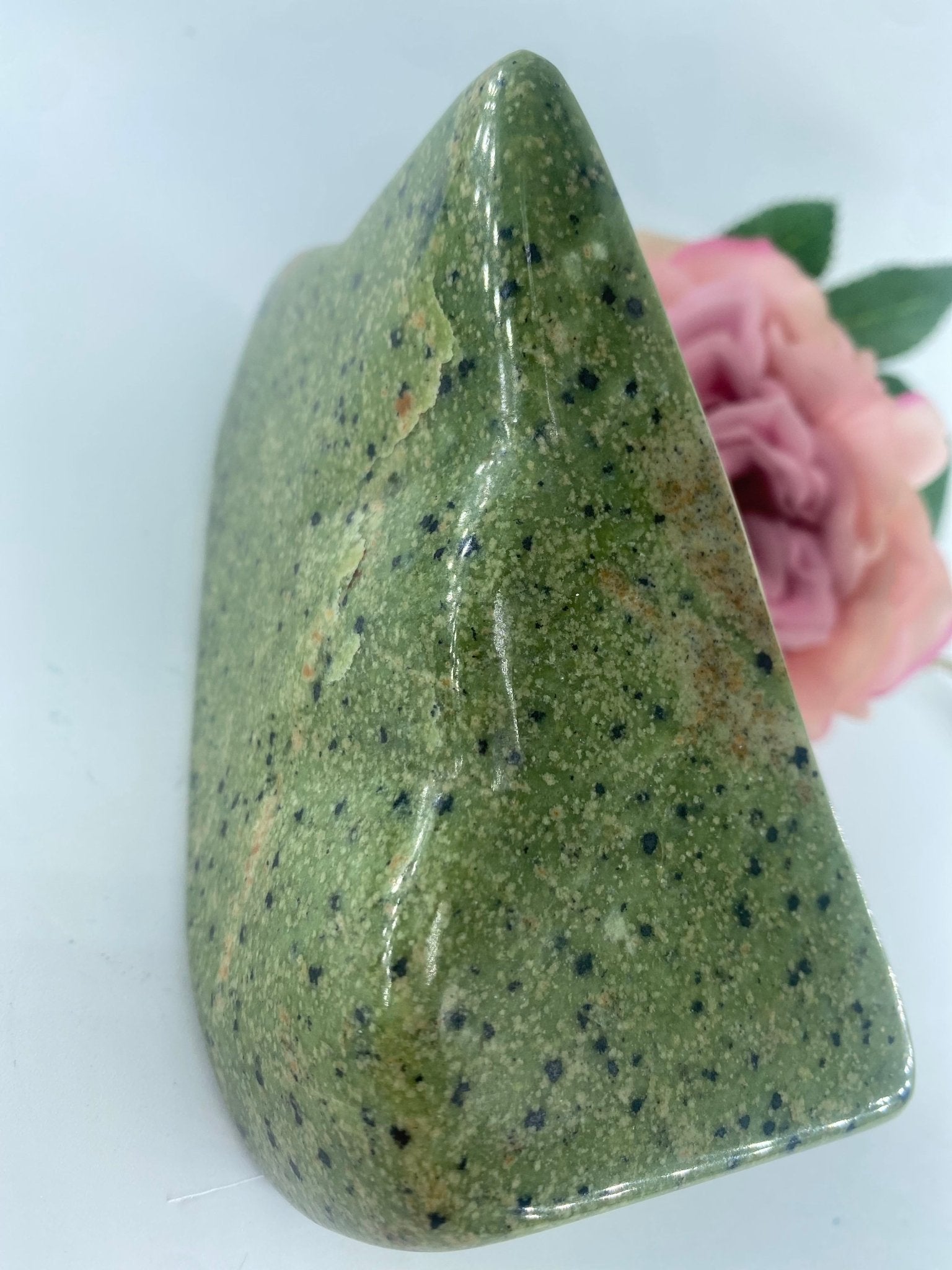 Polished Serpentine Freeform 821 Grams featuring mossy green tone with natural veining - Luna Panther