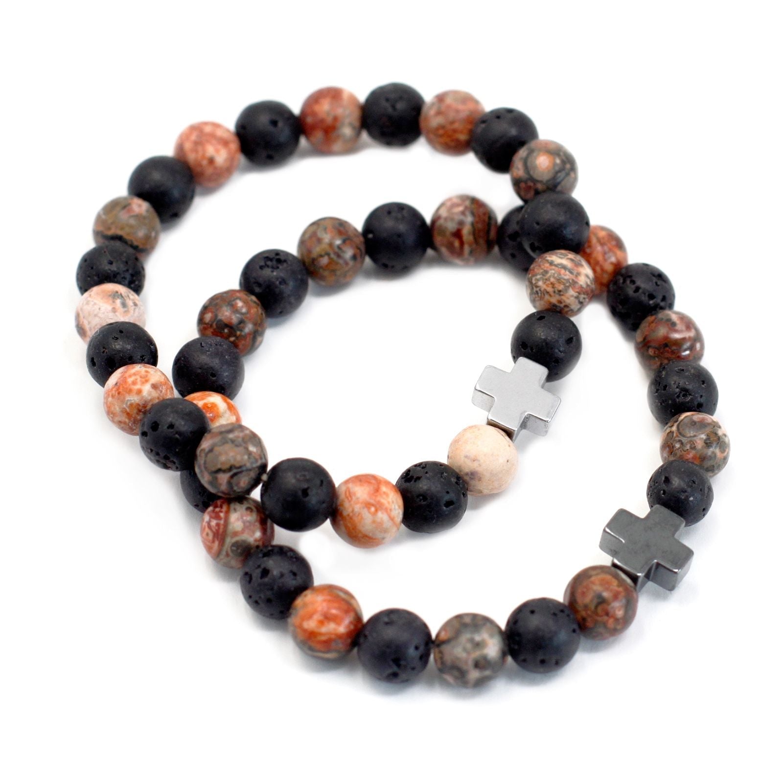Set of 2 Gemstones Friendship Bracelets - Eternity - Leopard Skin Jasper & Lava Stone - Luna Panther
