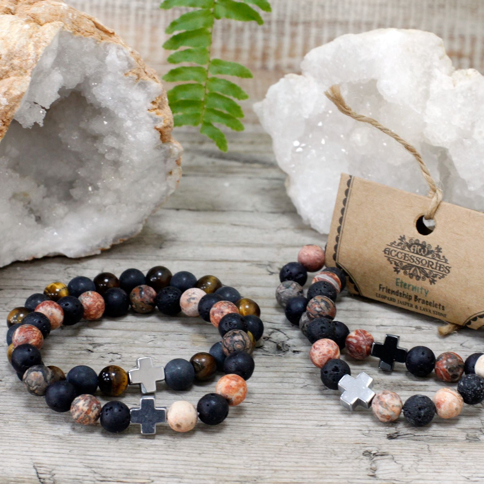 Set of 2 Gemstones Friendship Bracelets - Eternity - Leopard Skin Jasper & Lava Stone - Luna Panther
