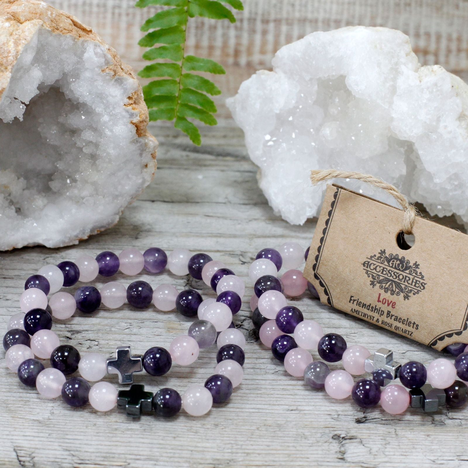 Set of 2 Gemstones Friendship Bracelets - Love - Amethyst & Rose Quartz - Luna Panther