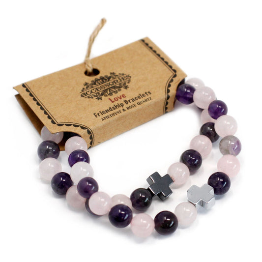 Set of 2 Gemstones Friendship Bracelets - Love - Amethyst & Rose Quartz - Luna Panther