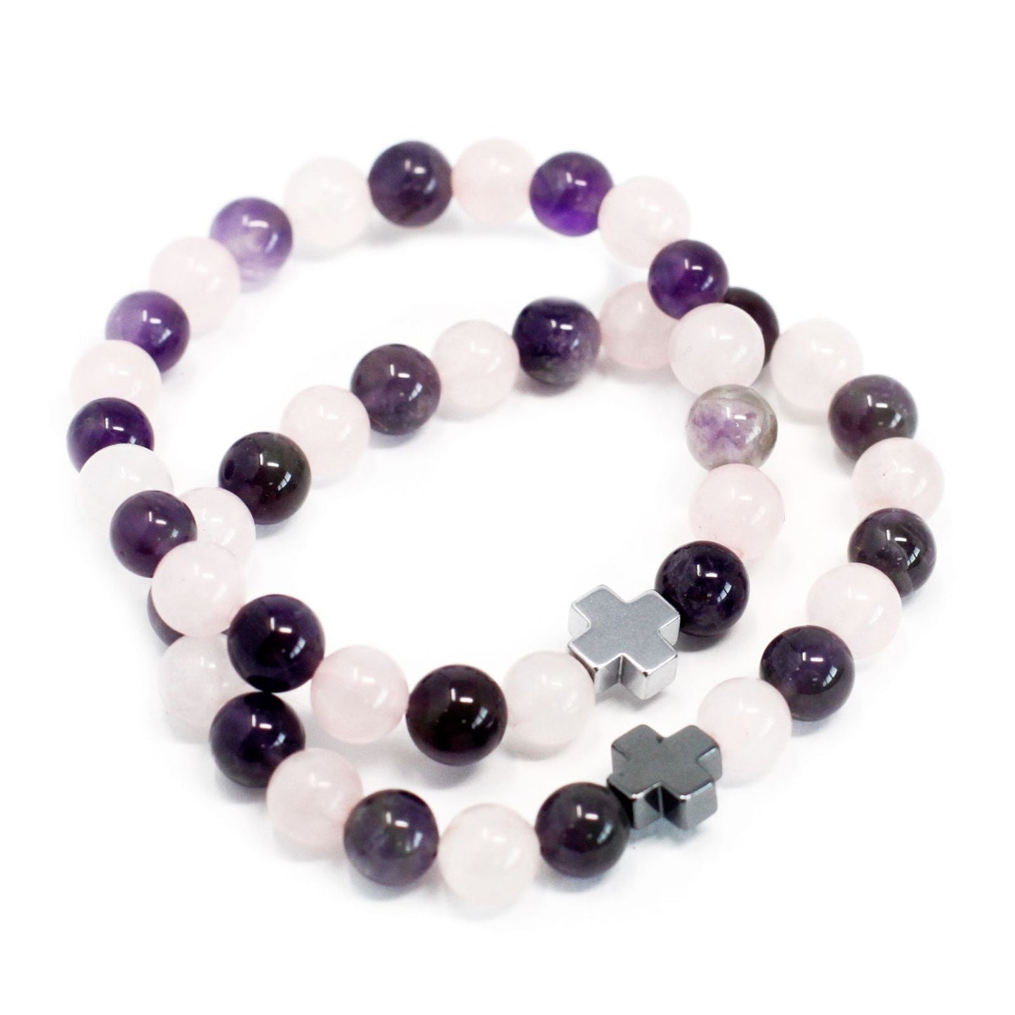 Set of 2 Gemstones Friendship Bracelets - Love - Amethyst & Rose Quartz - Luna Panther