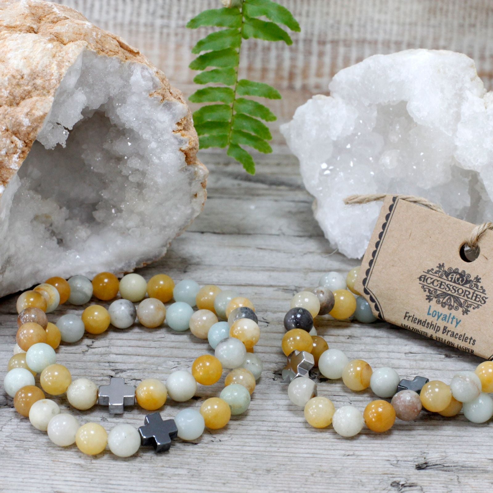 Set of 2 Gemstones Friendship Bracelets - Loyalty - Amazonite & Yellow Jasper - Luna Panther