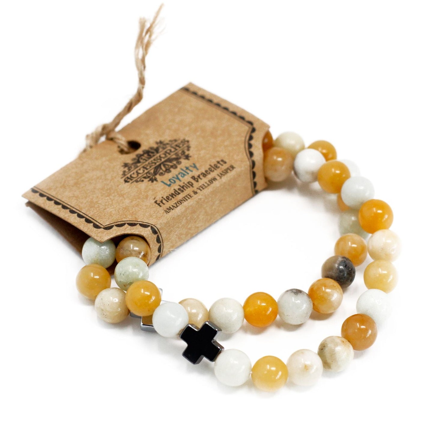 Set of 2 Gemstones Friendship Bracelets - Loyalty - Amazonite & Yellow Jasper - Luna Panther