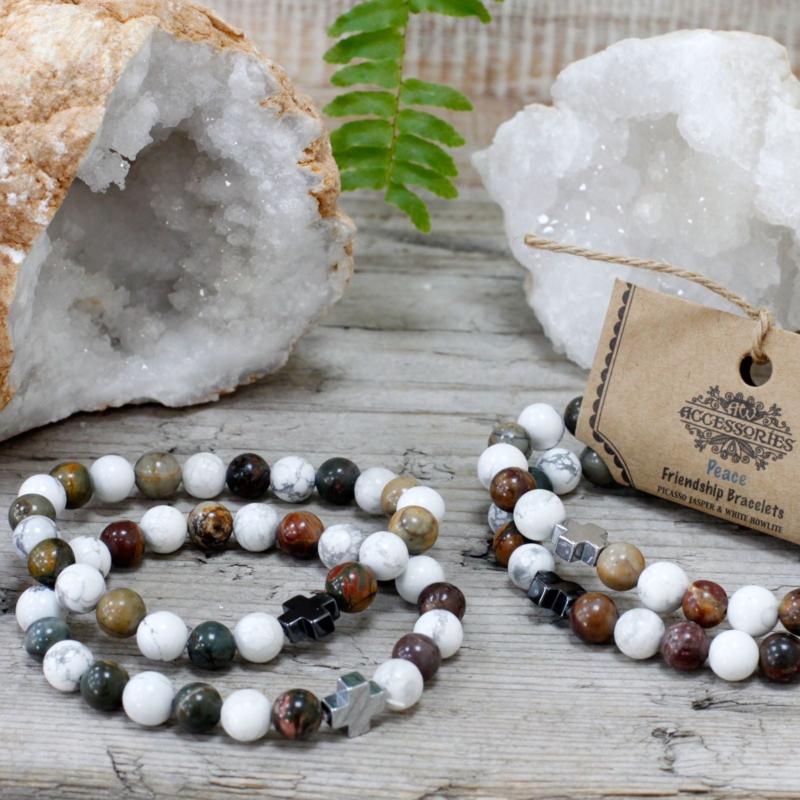 Set of 2 Gemstones Friendship Bracelets - Peace - Picasso Jasper & White Howlite - Luna Panther