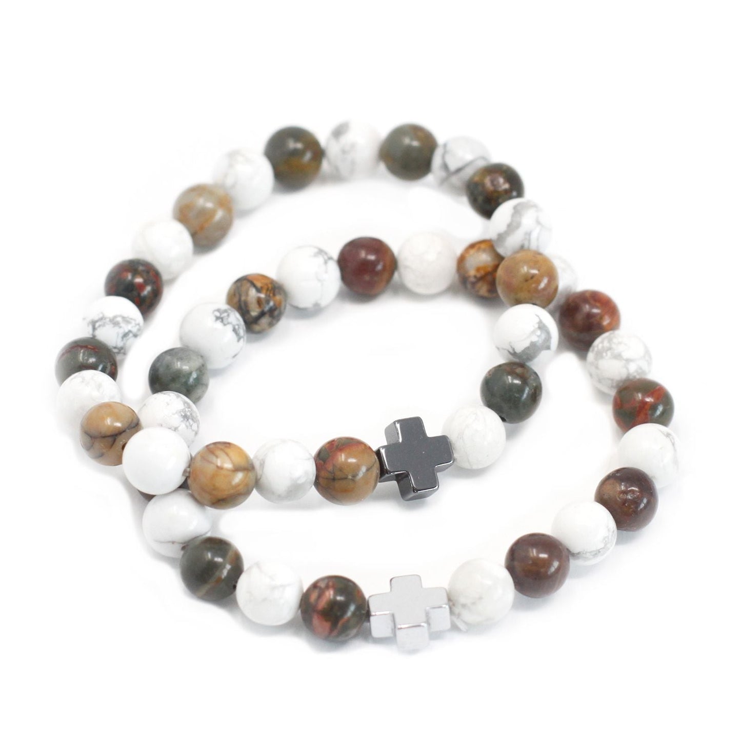 Set of 2 Gemstones Friendship Bracelets - Peace - Picasso Jasper & White Howlite - Luna Panther