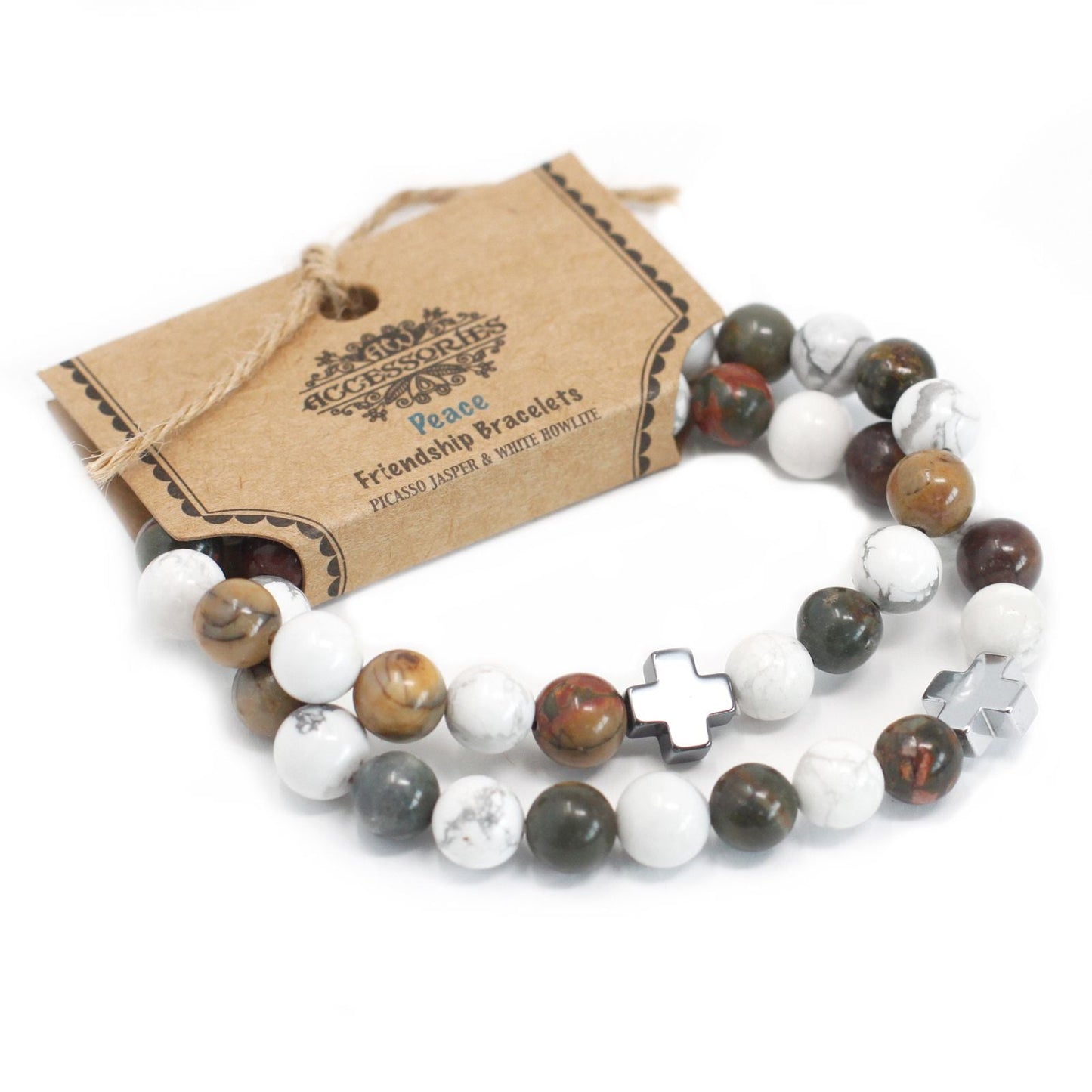 Set of 2 Gemstones Friendship Bracelets - Peace - Picasso Jasper & White Howlite - Luna Panther
