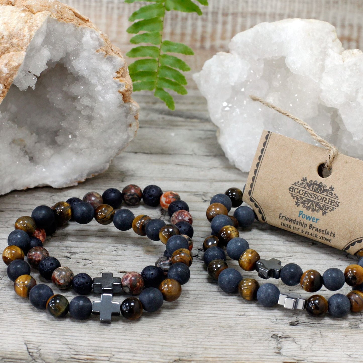 Set of 2 Gemstones Friendship Bracelets - Power - Tiger Eye & Black Stone - Luna Panther