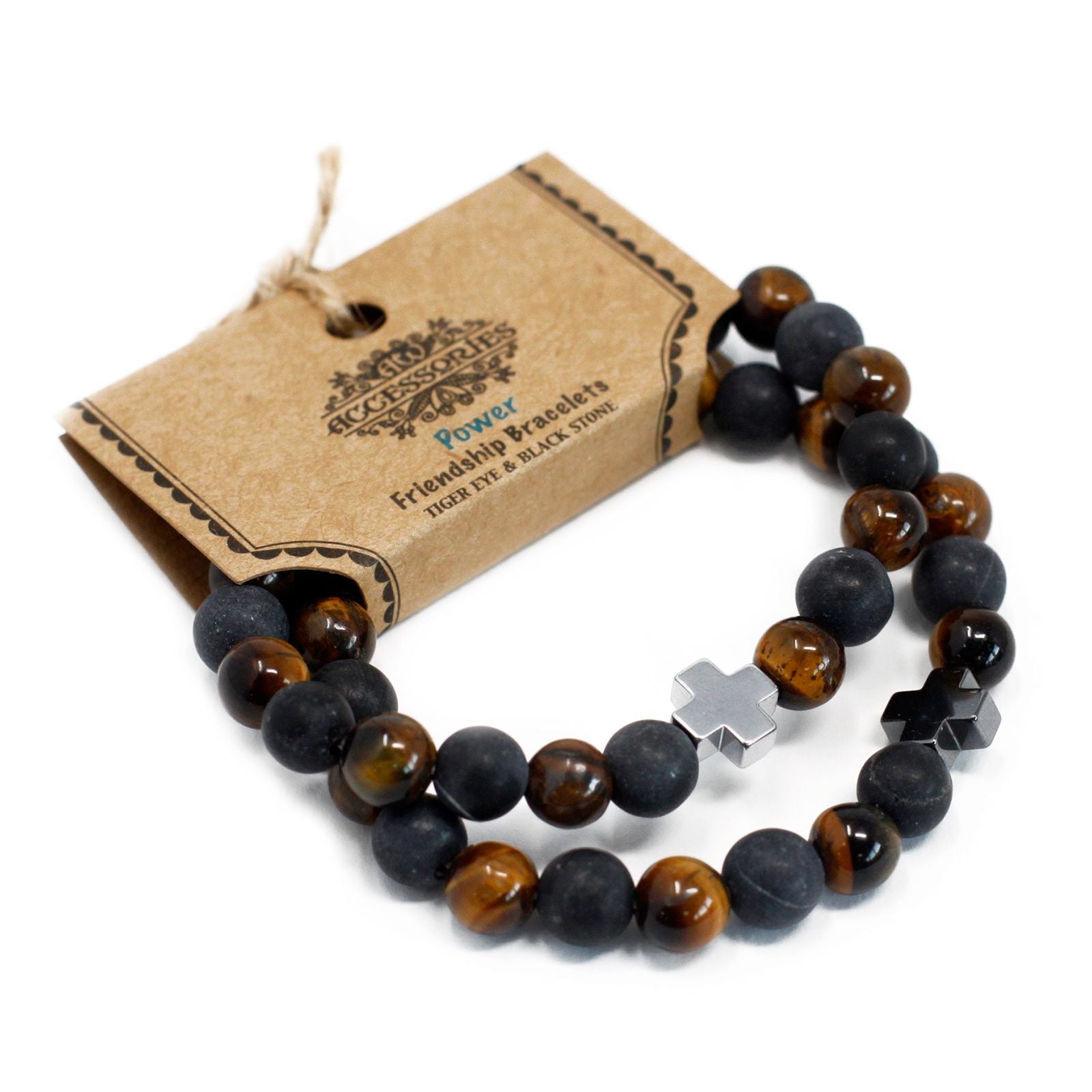 Set of 2 Gemstones Friendship Bracelets - Power - Tiger Eye & Black Stone - Luna Panther
