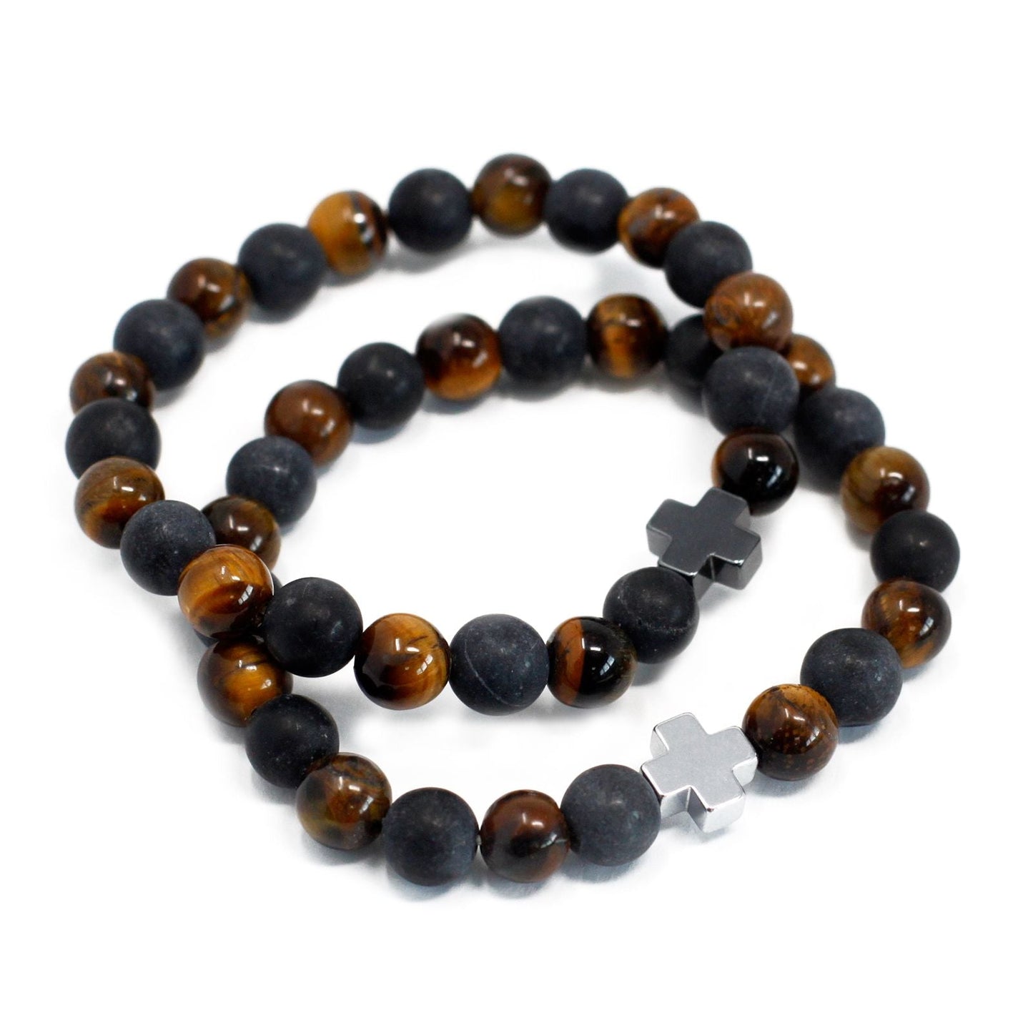 Set of 2 Gemstones Friendship Bracelets - Power - Tiger Eye & Black Stone - Luna Panther