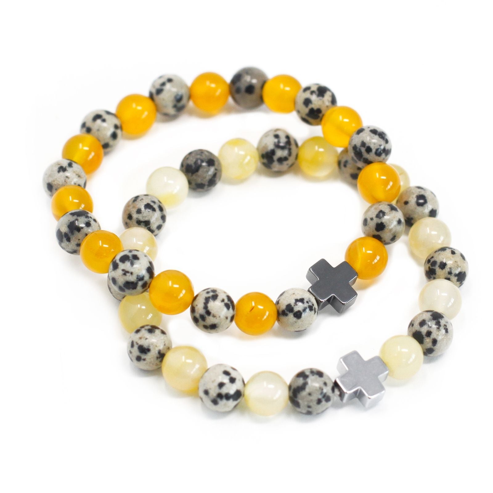 Set of 2 Gemstones Friendship Bracelets - Protection - Dalmatian Jasper & Yellow Agate - Luna Panther
