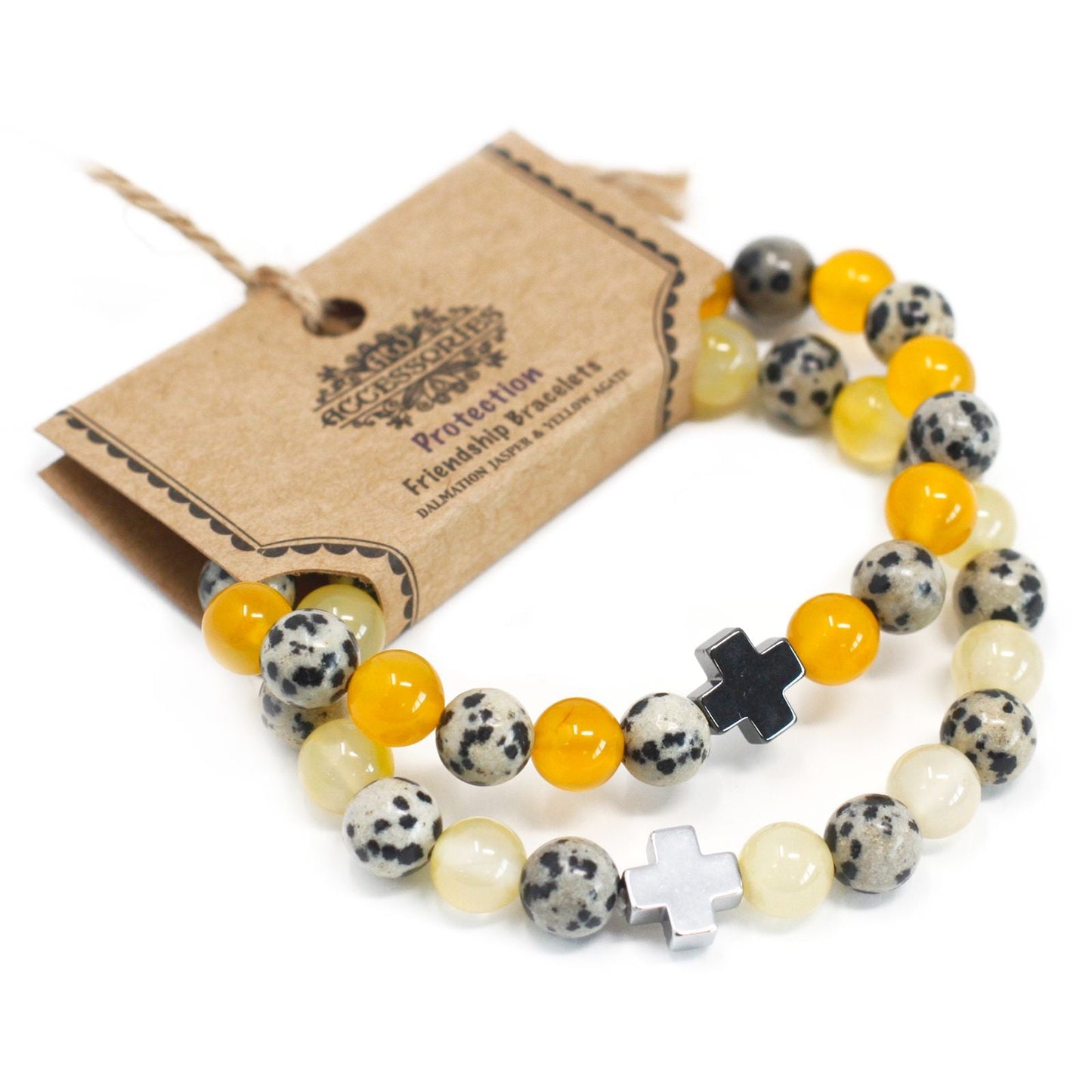Set of 2 Gemstones Friendship Bracelets - Protection - Dalmatian Jasper & Yellow Agate - Luna Panther