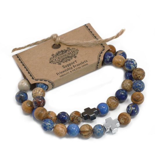 Set of 2 Gemstones Friendship Bracelets - Support - Sodalite & Picture Stone - Luna Panther
