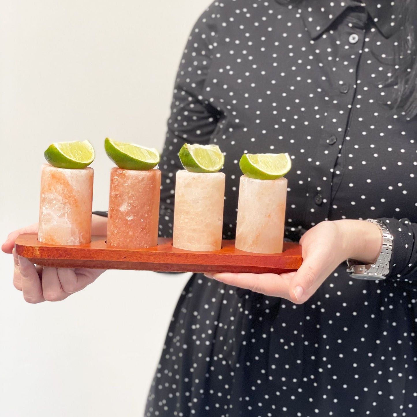 Set of 2 Himalayan Salt Shot Glasses & Wood Serving Stand - Luna Panther