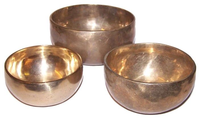 Polished Set of 3 Handmade Brass Singing Bowls featuring natural patterning and unique variations - Luna Panther