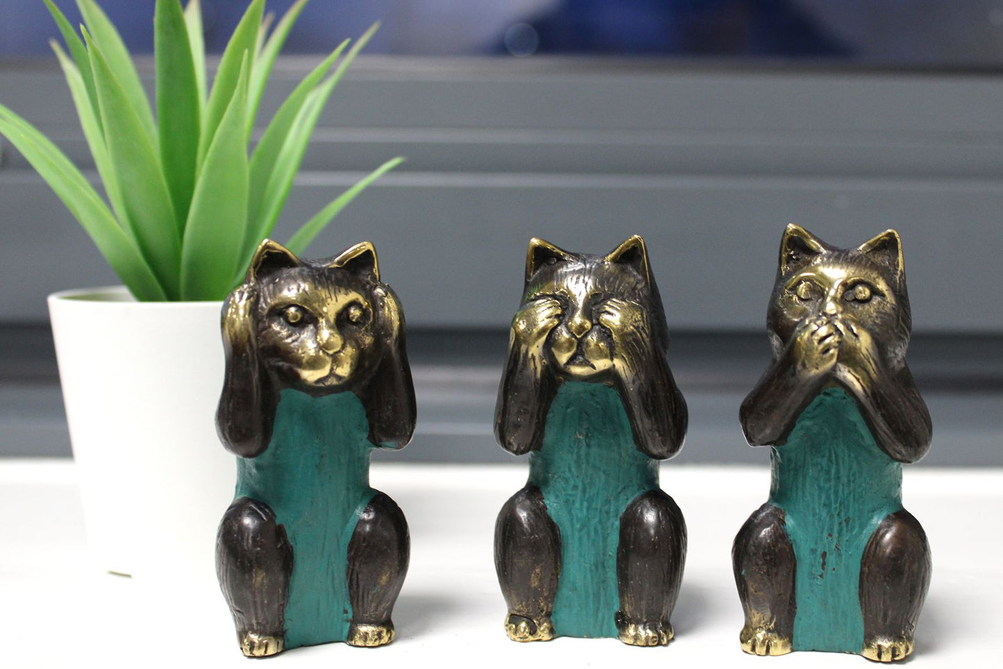 Set of 3 - See No, Hear No, Speak No Evil - Brass Cats - Luna Panther