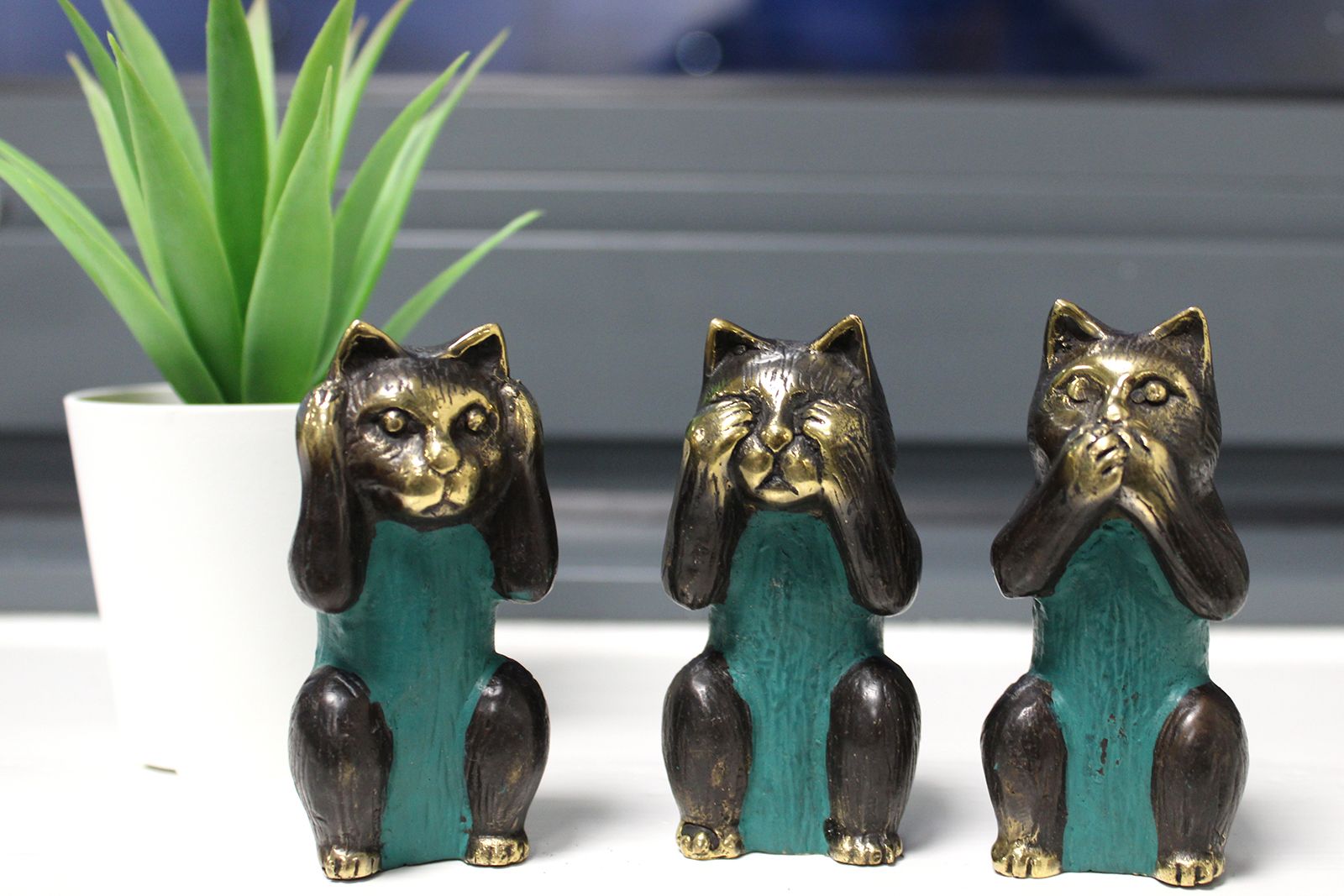 Set of 3 - See No, Hear No, Speak No Evil - Brass Cats - Luna Panther