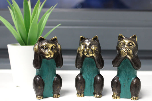 Set of 3 - See No, Hear No, Speak No Evil - Brass Cats - Luna Panther alternate view
