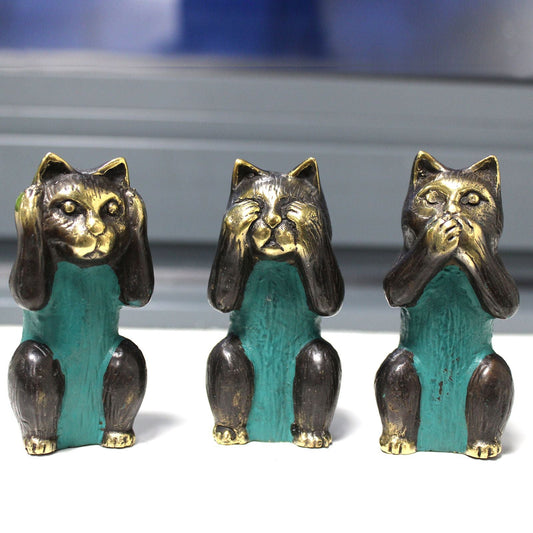 Set of 3 - See No, Hear No, Speak No Evil - Brass Cats - Luna Panther
