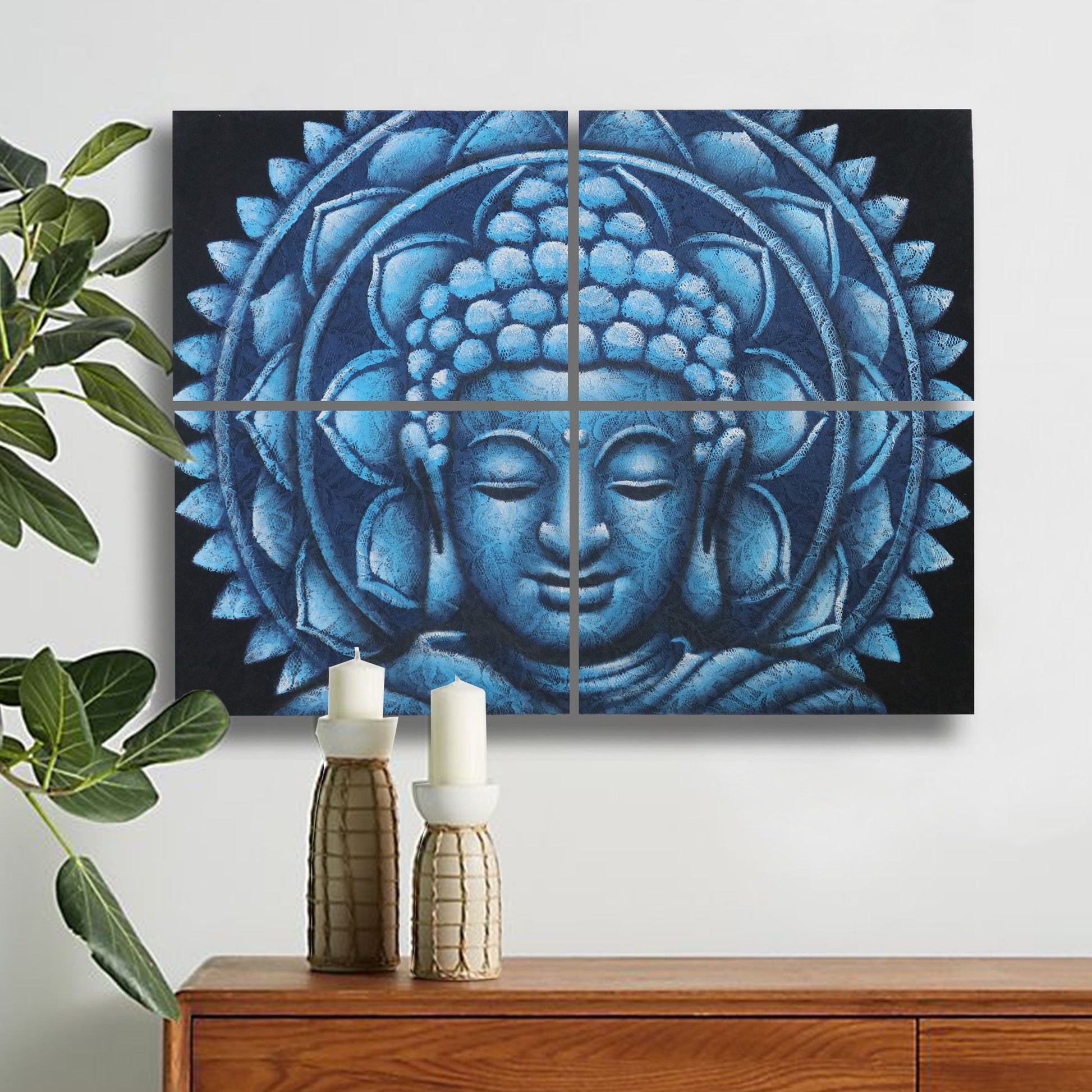 Set of 4 Blue Buddha Mandala Brocade Detail 30x40cm - Luna Panther
