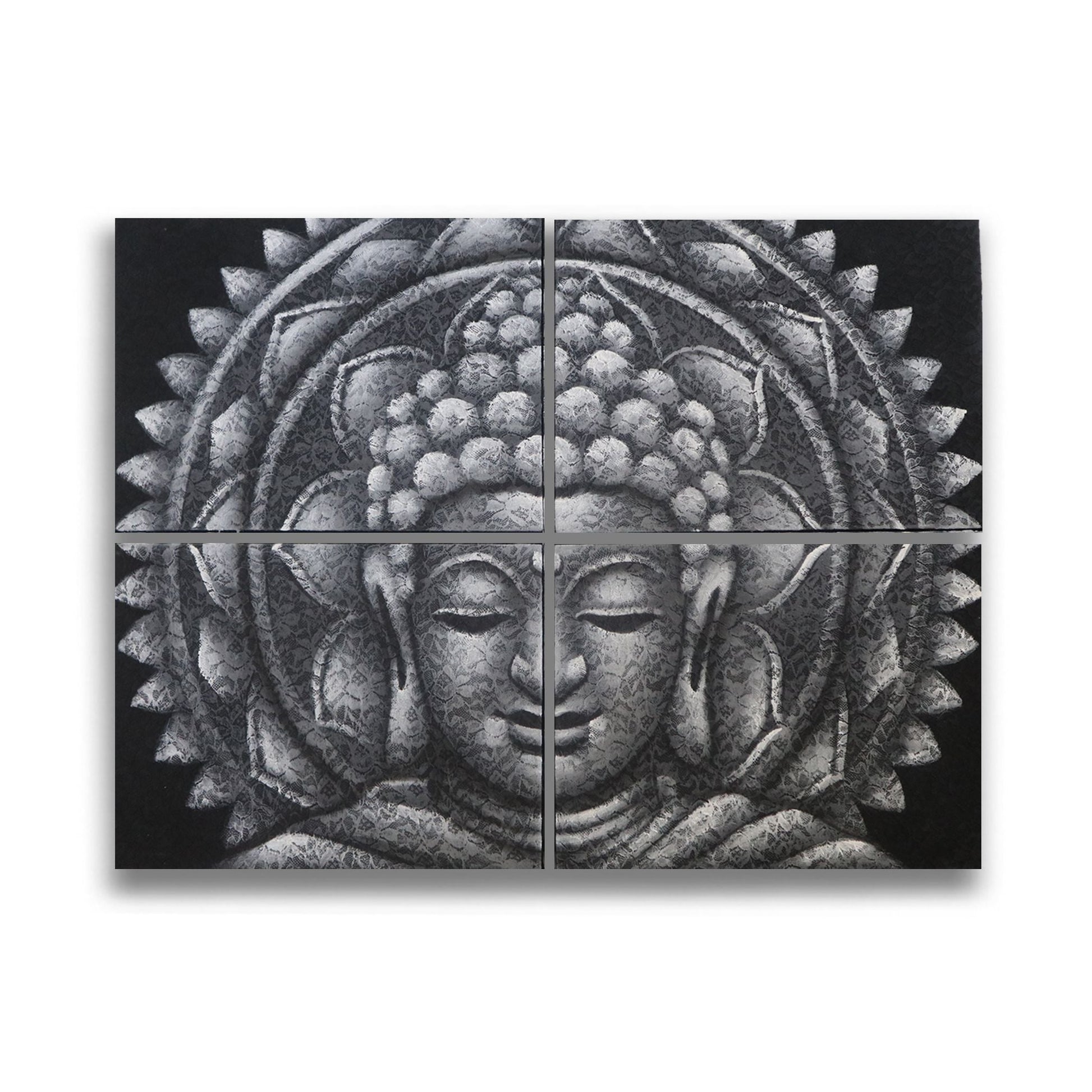 Set of 4 Grey Buddha Mandala Brocade Detail 30x40cm - Luna Panther