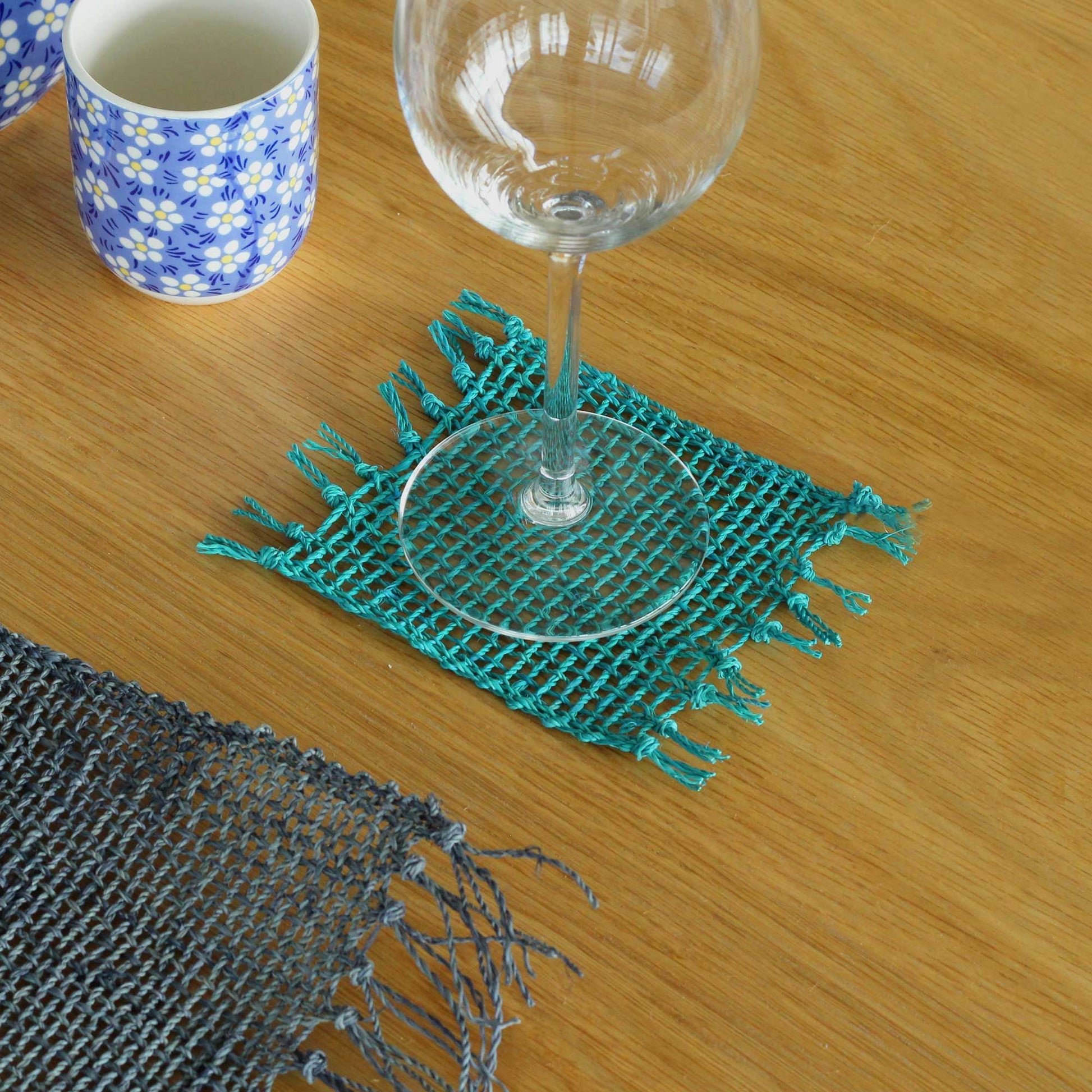 Set of 4 Seagrass Fringe Natural Coasters - Turquoise - Luna Panther