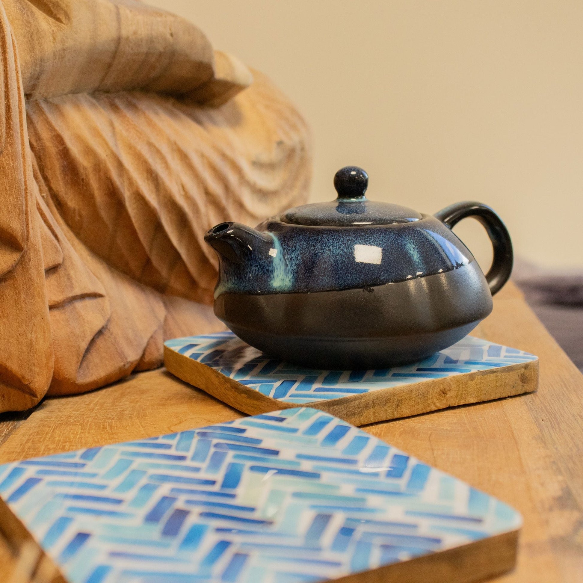 Set of 4 Square Coasters - Blue Stripes - Luna Panther