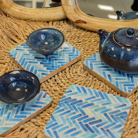 Set of 4 Square Coasters - Blue Stripes - Luna Panther alternate view