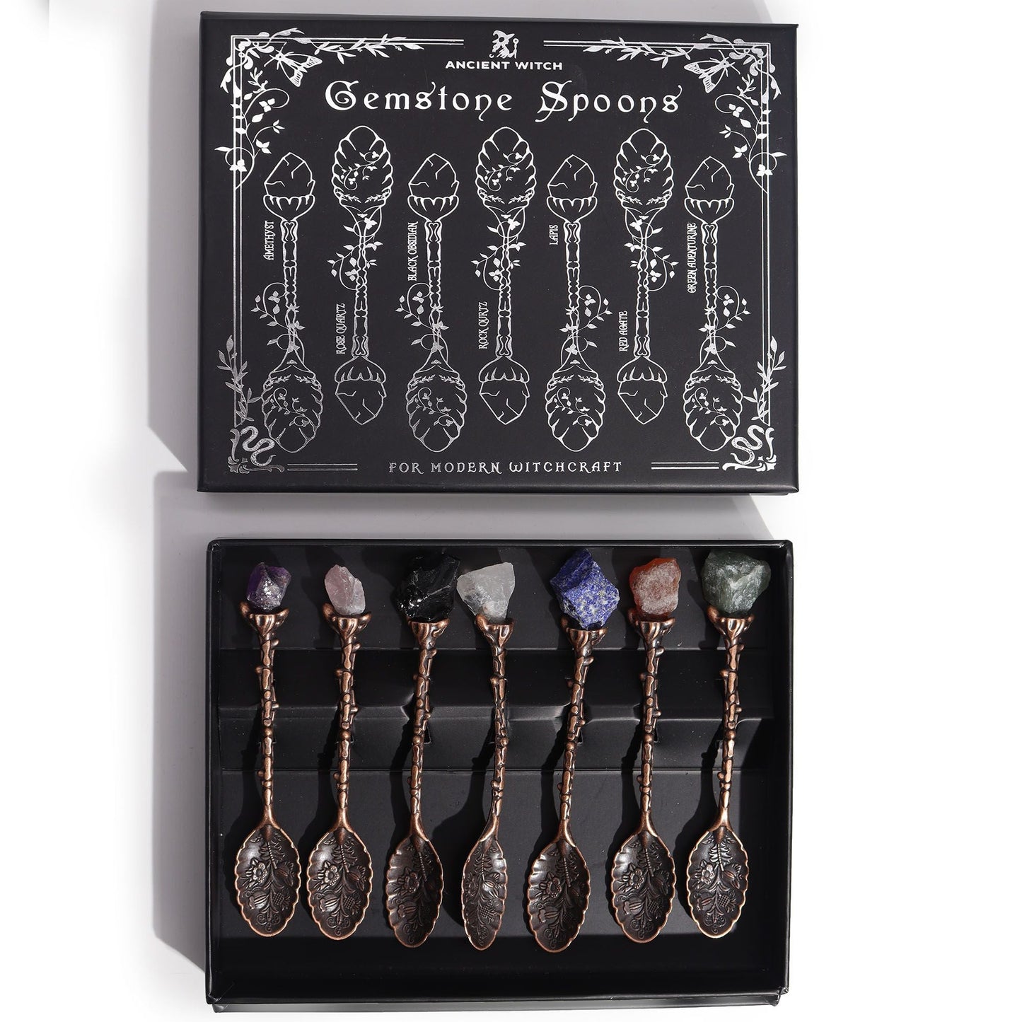 Set of 7 Bronze Gemstone Crystal Witch Spoons - Luna Panther