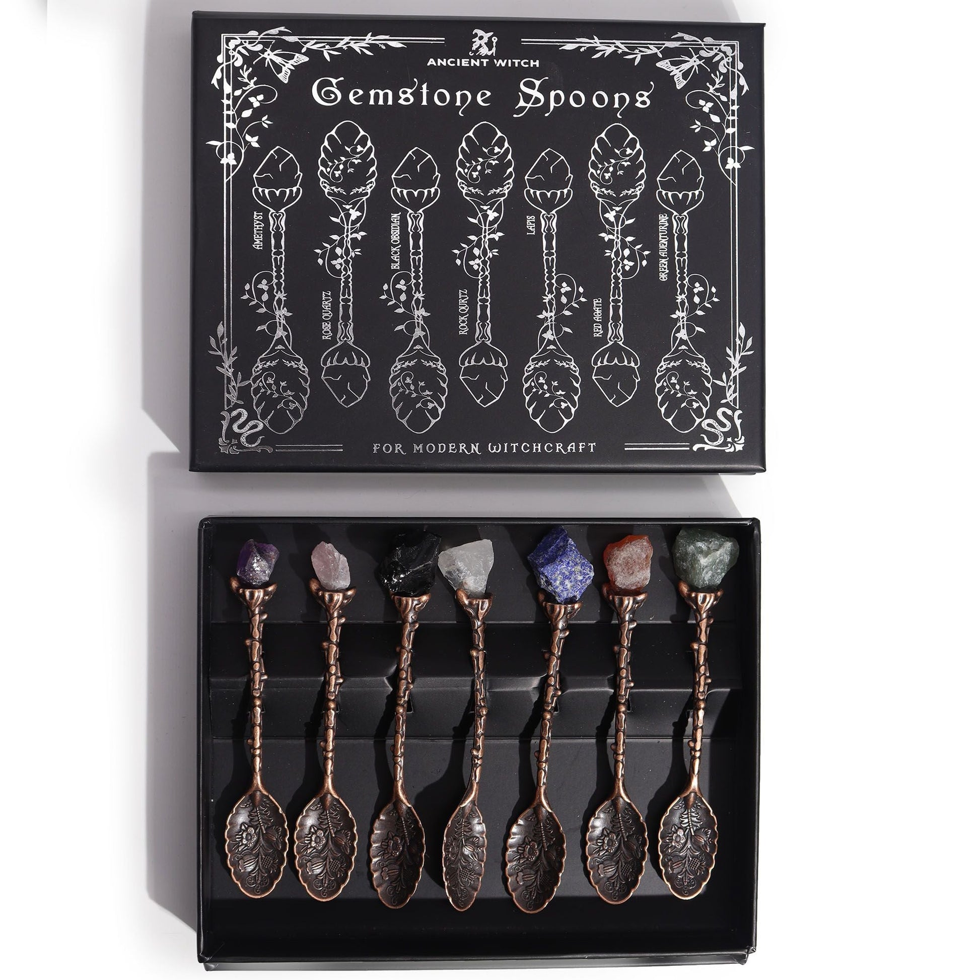 Set of 7 Bronze Gemstone Crystal Witch Spoons - Luna Panther