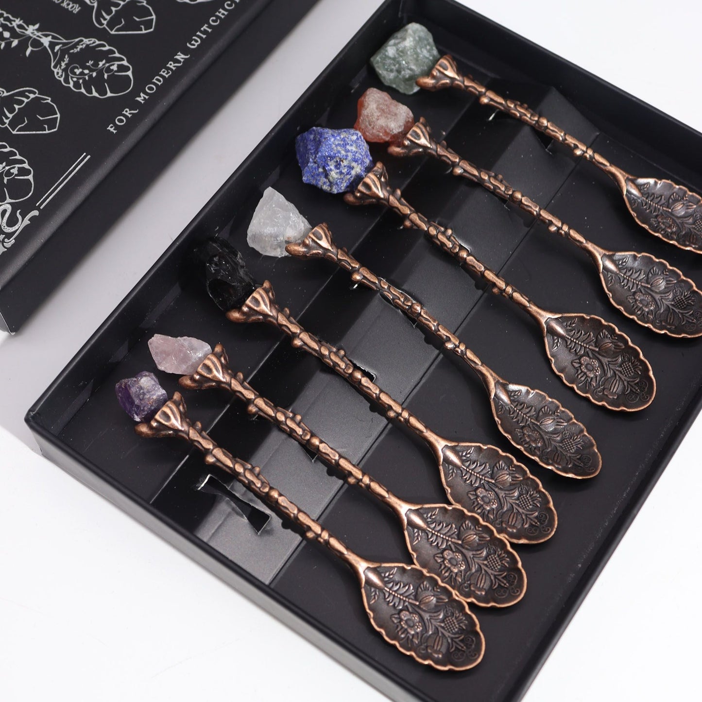 Set of 7 Bronze Gemstone Crystal Witch Spoons - Luna Panther