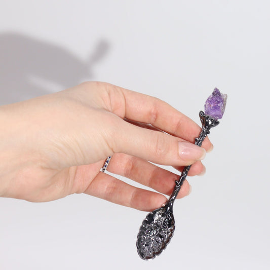 Set of 7 Dark Silver Gemstone Crystal Witch Spoons - Luna Panther