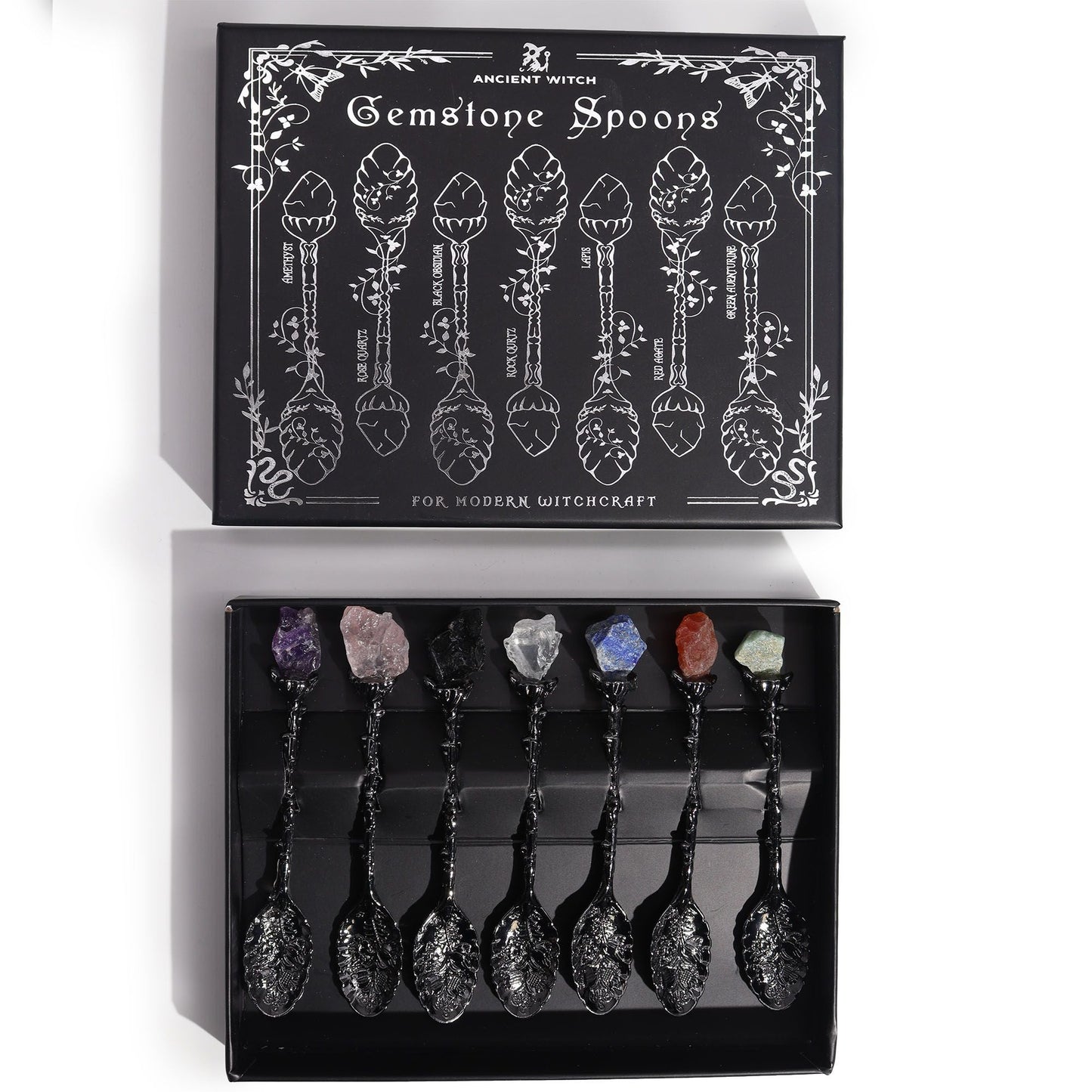Set of 7 Dark Silver Gemstone Crystal Witch Spoons - Luna Panther