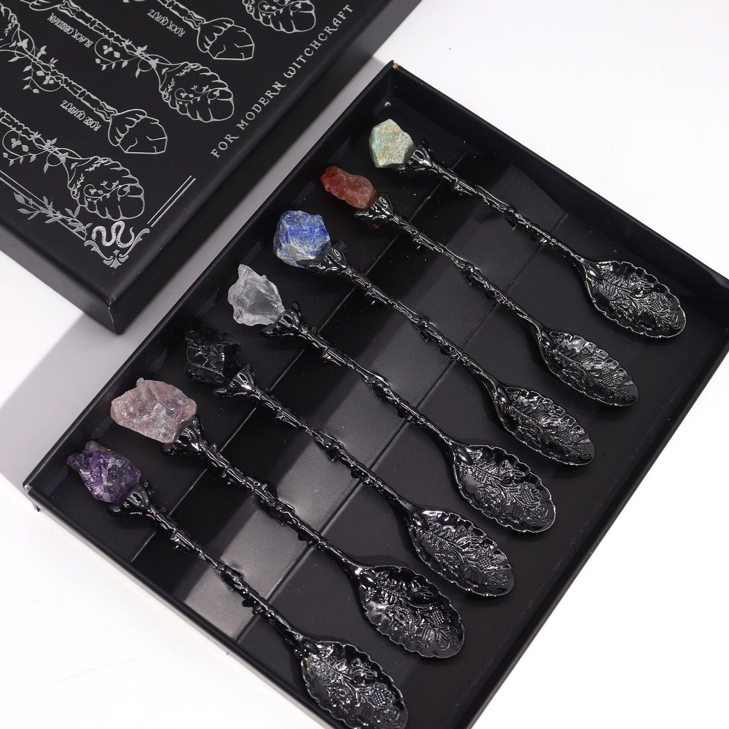 Set of 7 Dark Silver Gemstone Crystal Witch Spoons - Luna Panther