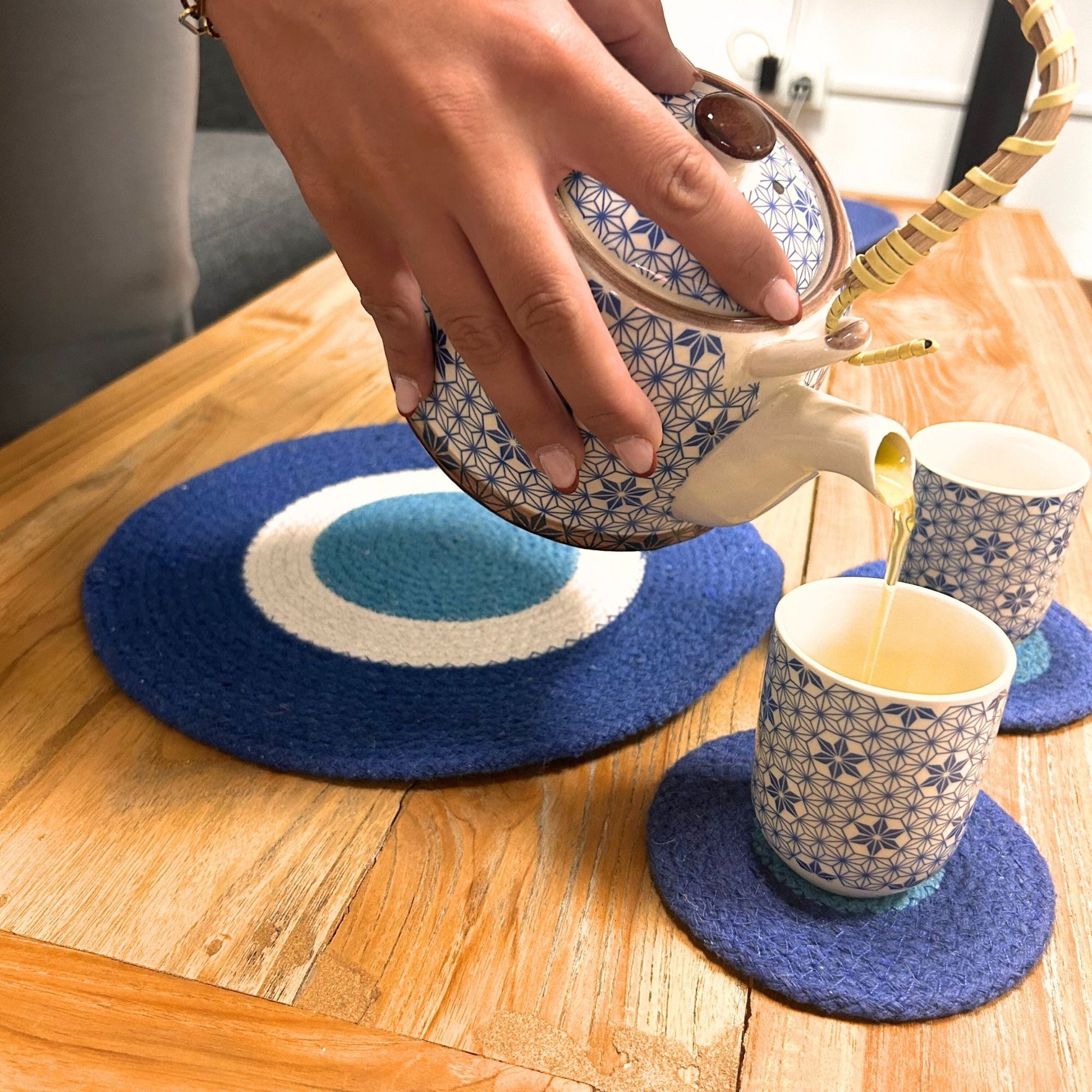 Set of Evil Eye Jute Rope Coasters & Mats (4 of each) - Luna Panther