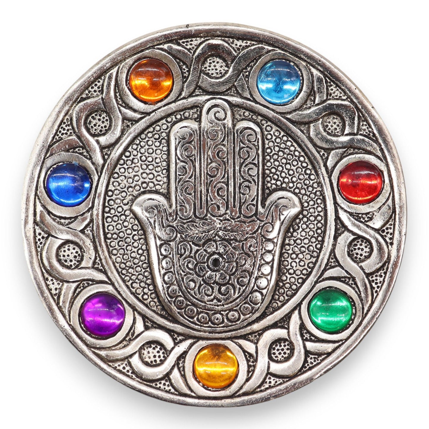 Polished Seven Chakra Hamsa Incense Holder featuring natural patterning and unique variations - Luna Panther