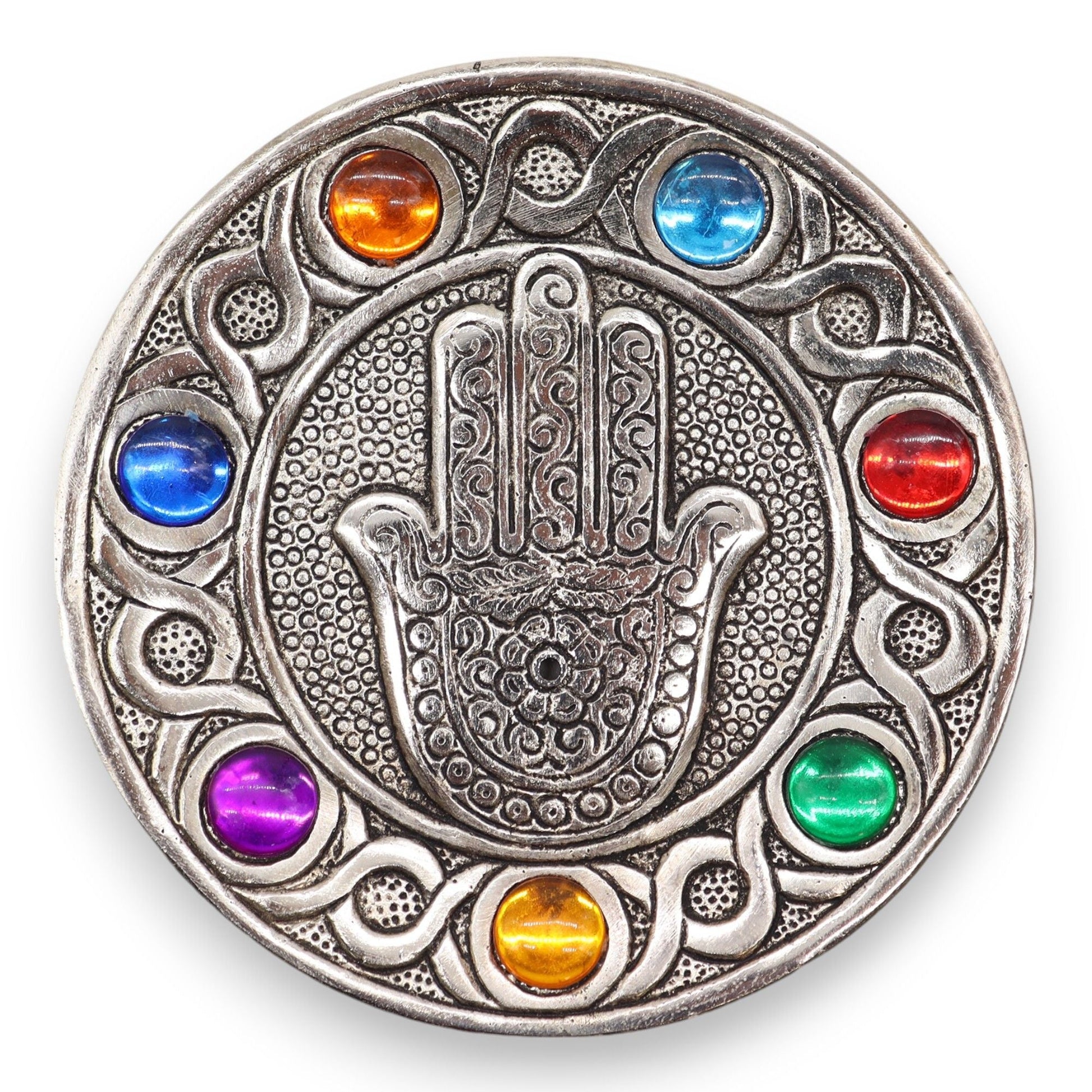 Polished Seven Chakra Hamsa Incense Holder featuring natural patterning and unique variations - Luna Panther